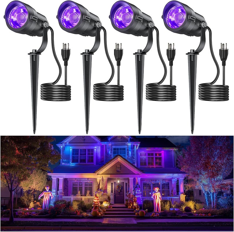 HIBOITEC أضواء سبوت لايت سوداء للهالوين في الهواء الطلق 12 واط IP65 مقاومة للماء LED لإضاءة المناظر الطبيعية مع قابس أمريكي لحفلات التألق وطلاء الجسم وزينة الحديقة 4 عبوات - Image 1